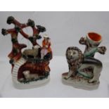 Two Victorian painted Staffordshire Table Figures – a Lion at tree stump (small chip on stump) w5” x