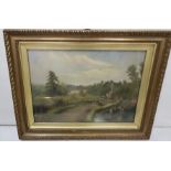 Victorian oil on board, village riverside scene, 30cm x 42cm, signed lower left, RH Giles ? in a