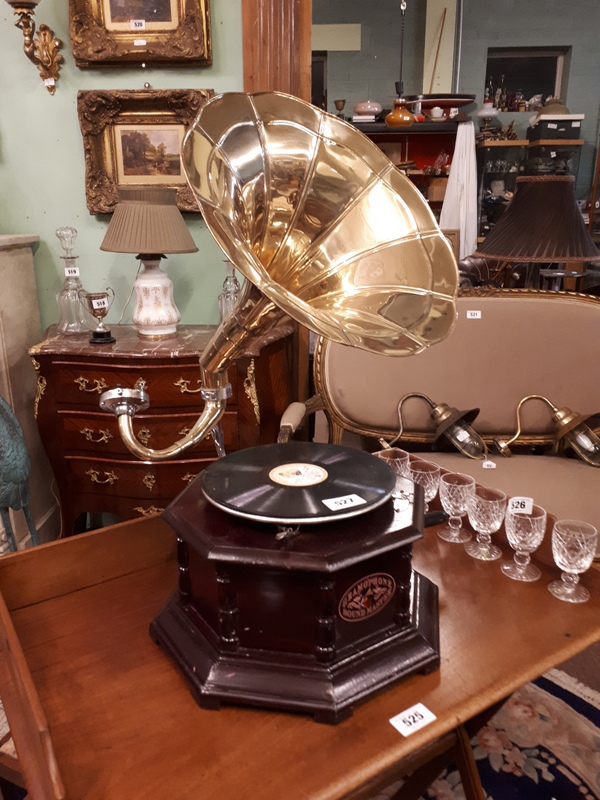 Gramophone with brass horn.