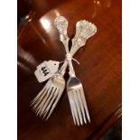 Set of six English silver dinner forks in the popular fiddle, Victoria pattern. Weight 488grams, 15.