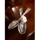 Set of six English silver table spoons in the popular fiddle pattern with monogram M .