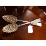 Pair of English silver berry serving spoons bright cut design with gilded bowls embossed with fruit,