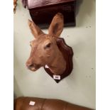 Taxidermy deer's head mounted on an oak plaque.