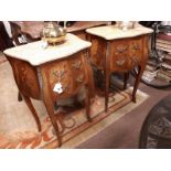 Pair of inlaid Kingwood bedside lockers, the marble tops above two drawers.