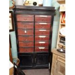 1920's office cabinet with twelve drawers above two panelled doors.