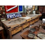 1930's beech butcher's block with two marble plates and two drawers in the frieze raised on square