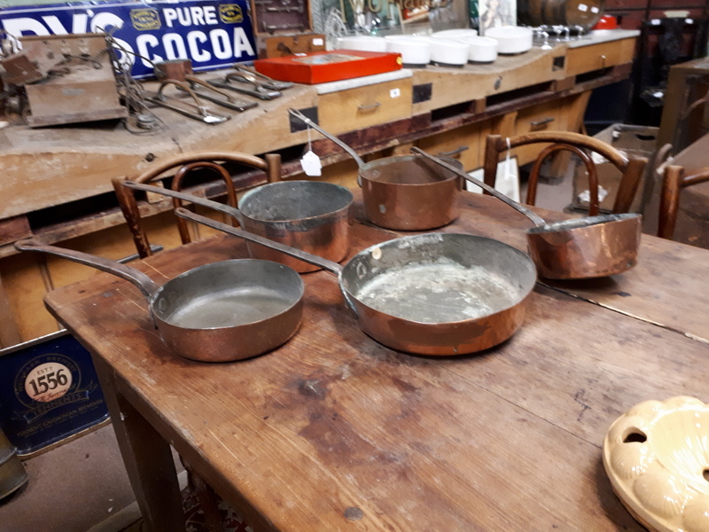 Misc. collection of 18th. & 19th. C. copper saucepans and pans.