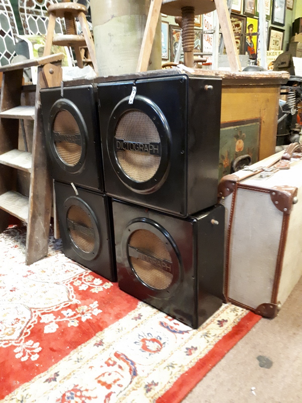 Set of four early 20th. C. Bakelite speakers with microphone box.