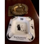 CANTRELL AND COCHRANE brass advertisng ashtray and BLACK AND WHITE enamel ashtray.