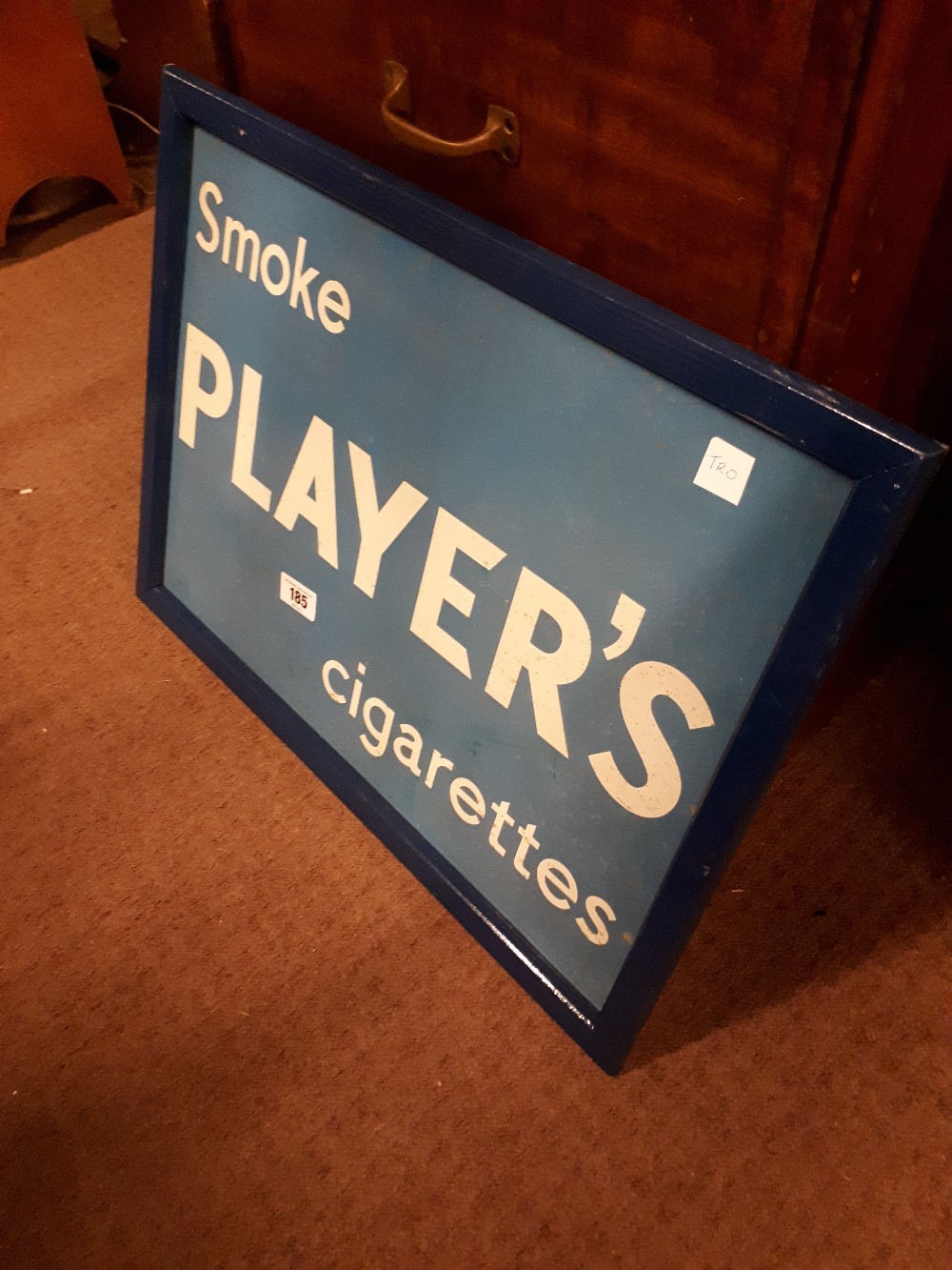 Framed tin plate SMOKE PLAYER'S CIGARETTES advertising sign.