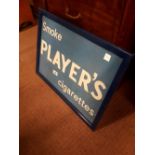 Framed tin plate SMOKE PLAYER'S CIGARETTES advertising sign.