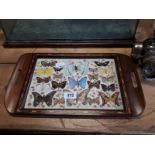 Inlaid mahogany tea tray with inset butterflies.