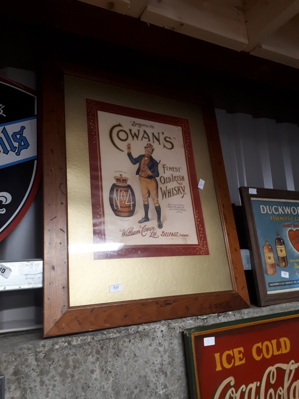COWAN'S Irish Whiskey advertising print.(84 cm W x 68 cm H).