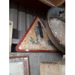 Triangular metal road sign. (79 cm H x 98 cm W).