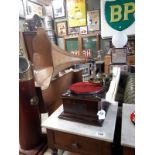 VICTOR mahogany gramophone with original painted tin plate horn.