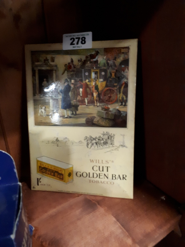 Wills Cut Golden Bar Tobacco celluloid advertising sign.