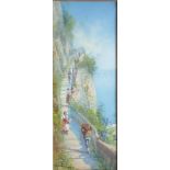 M Gianni (Neopolitan school), figures walking on a cliffside stairway, watercolour,