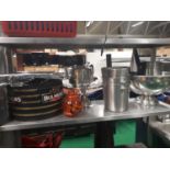 Miscellanious lot of bar equipment, ice buckets, cake tray, tea pot, glass holder, tray,