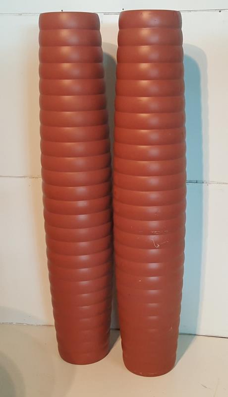 Pair of Tall Orange Ribbed Fibreglass Pots, 5ft high.