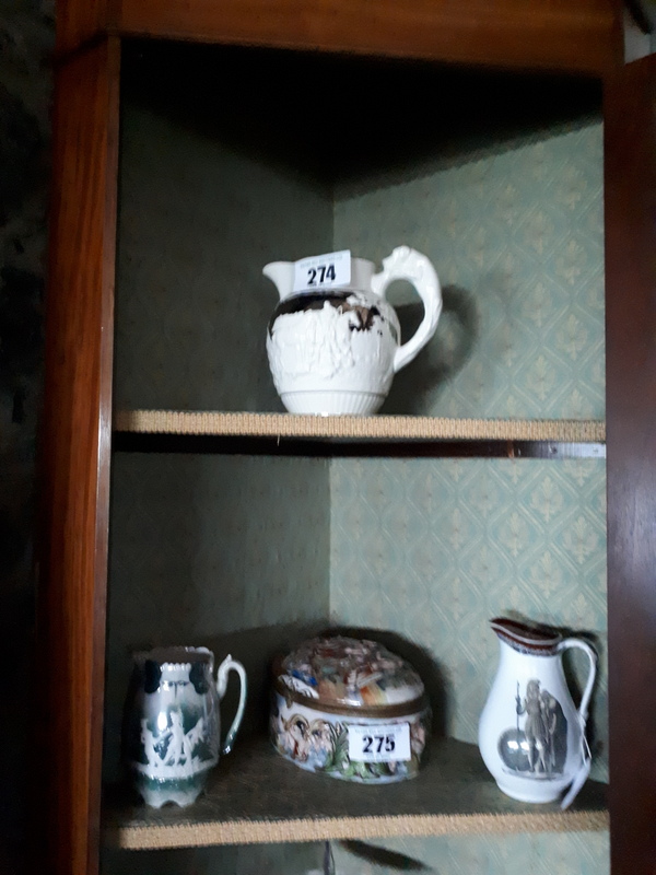 Capodimonte lidded dish and 3 ceramic jugs