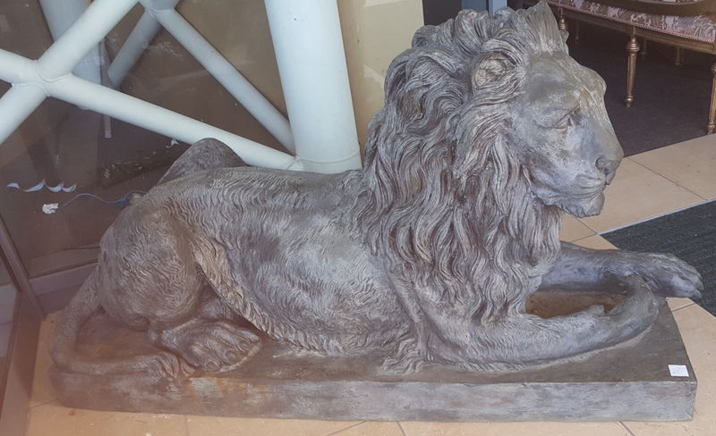 Pair of Bronze Recumbent Lions on rectangular base, 5ft length x 33ins high.