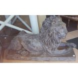 Pair of Bronze Recumbent Lions on rectangular base, 5ft length x 33ins high.