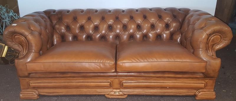 Vintage Dellbrook Tan Leather Chesterfield Couch, 78in wide.