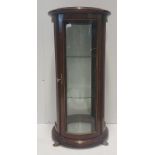 French Mahogany & Walnut Cylindrical Display Cabinet with curved glass panels, glass shelves,