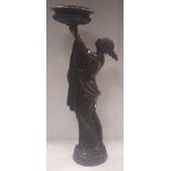 Large Bronze Figure Of Semi Clad Lady Holding Planter, 64ins.