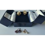 Three Pairs of Gold Earrings set with amethyst, diamond and pearl (3).