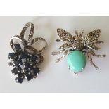 Silver 'Bee' Brooch set with turquoise, & another silver 'grapes' brooch set with blue stones (2).
