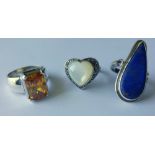 Three Silver Rings set with moonstone, citrine & lapis luzuli (3).