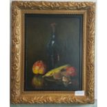 Victorian Still Life Oil on Panel, Wine & Fruit, 24 x 8.75ins.