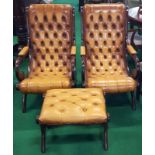 Pair of Tan Leather Deep Buttoned Armchairs & Matching Footstool.