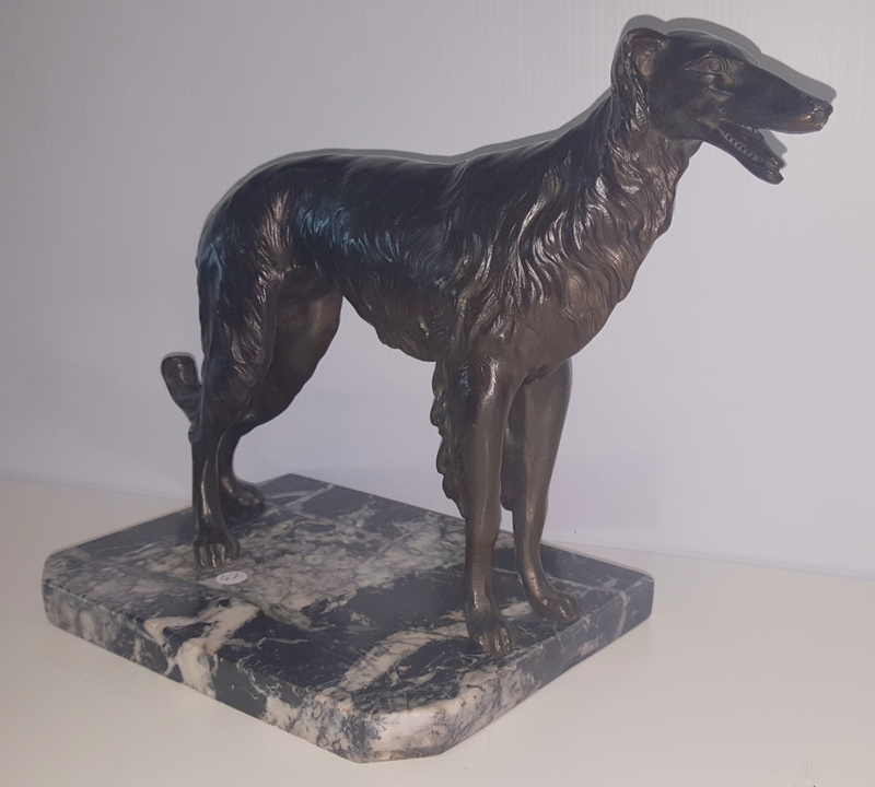 Bronzed Whippet on Marble Base, 10in high.