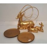 Three Carved Giltwood Deer & two gilt lay plates (5).