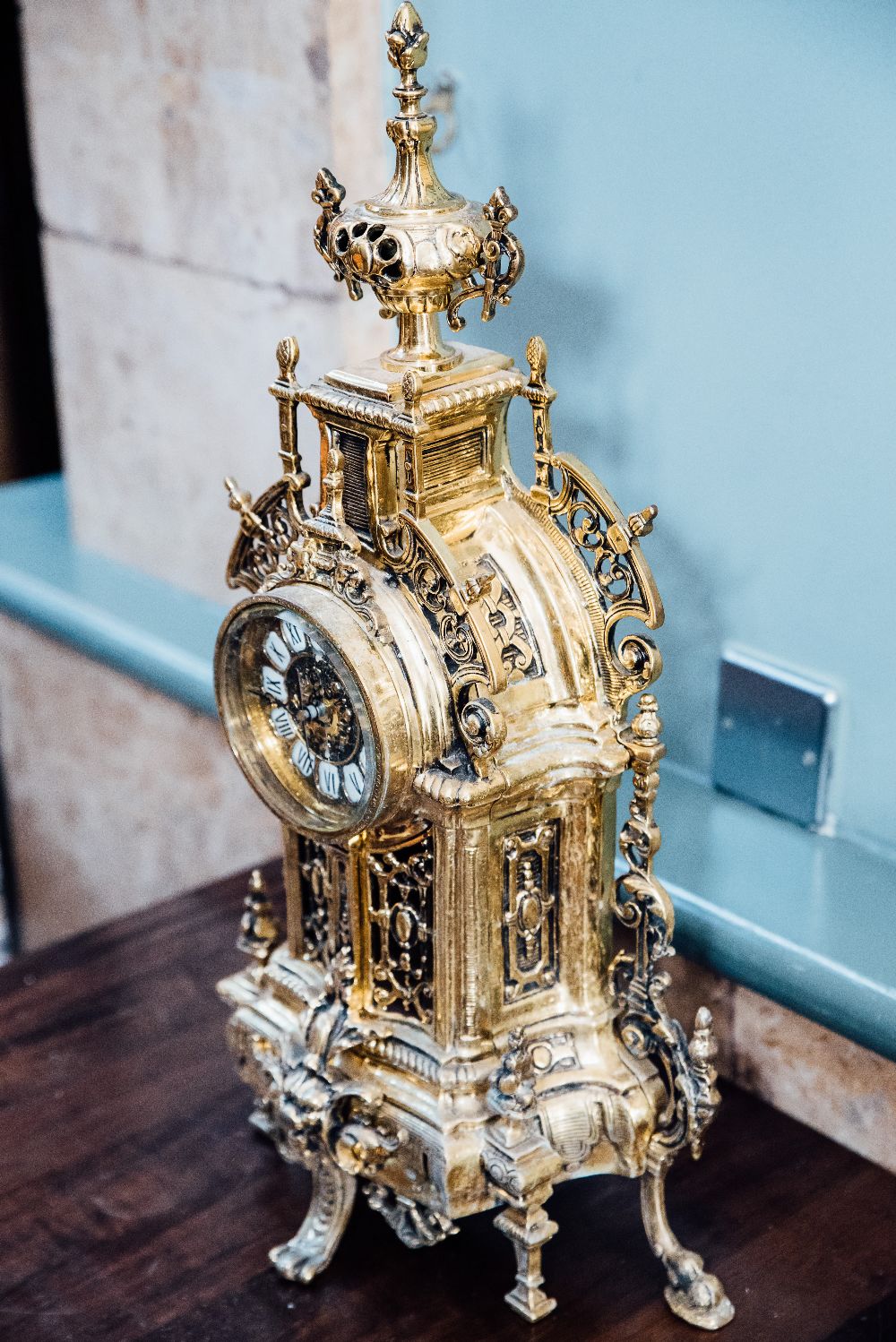 Three piece brass clock garniture in the Rococo style. { 20'' H X 9'' W }. - Image 2 of 2