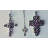 Three Crucifix Pendants, one silver Celtic cross on chain, another silver set with amethysts (3).