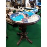 High circular wooden bar table with Ocean Diving design and glass top.