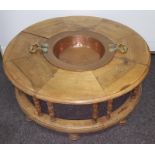 Circular Pine Coffee Table with copper & brass bowl inset to centre, dia. 38.5ins.