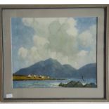 Paul Henry Print - Connaught Fishing Village. Framed & glazed, 23.5 x 26.5ins inc. frame.