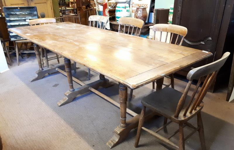 Victorian Oak refectory table on three pedestal supports.