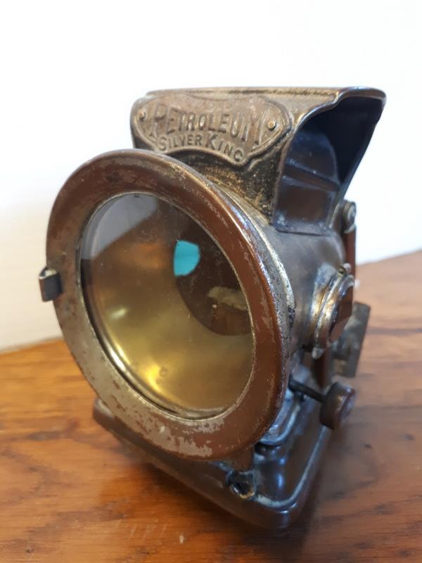 Late 19th. C. brass and chrome carbide bicycle lamp.