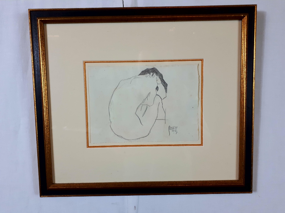 Schiele Egon antique pencil drawing of a nude lady signed 8.5 Inches x 6 Inches.