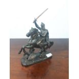 Spelter figure of soldier mounted on horse {28cm H}.