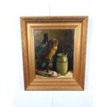 AB Lariby artistic still life " Owl set on Table " Oil on board signed 19.5 Inches x 15.