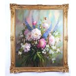 H F Borton Still Life - Flowers - Oil on Canvas mounted in a gilt frame. { 90cm H X 74cm W }.