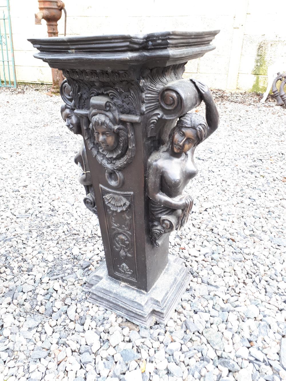 Decorative square bronze torchere decorated with maidens, scrolls and shells. { 79cm H }.