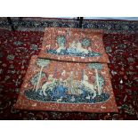 Pair of wall tapestries depicting unicorns and children.