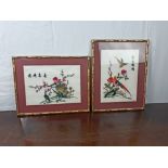 Pair of Oriental embroided silk pictures 39cm H x 30cm W}.